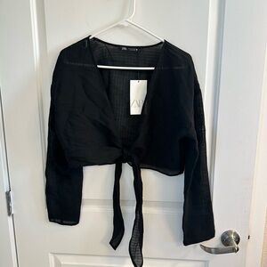 Zara Black Tie-Front Sheer Cropped Blouse